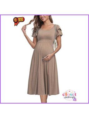 Ruffle Short Sleeve Maternity Midi Dress High Waisted A-Line Baby Shower